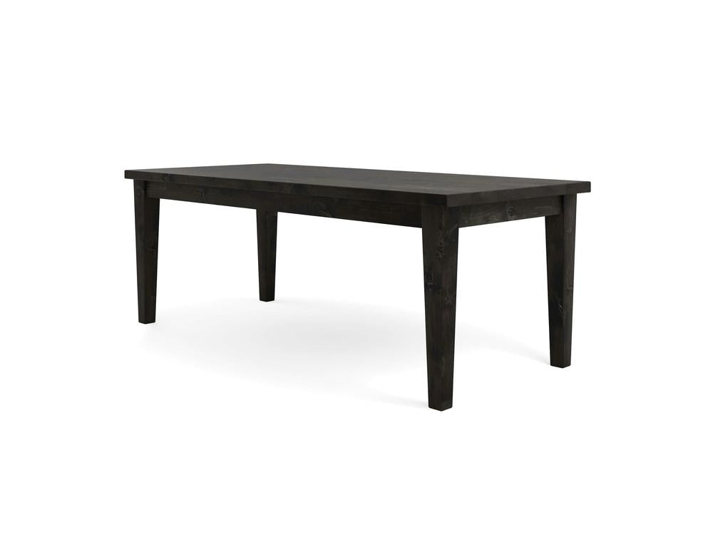The Ava Parsons Dining Table in Charred Ember by James+James is a dark wooden rectangular table with clean lines and sturdy legs. It boasts a minimalist design, highlighted by its smooth tabletop surface and slightly tapered legs, merging modern aesthetics with traditional craftsmanship. The background is plain white.