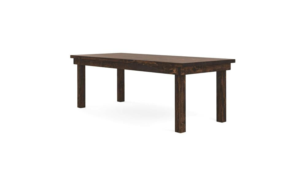The Farmhouse Dining Table - Tobacco by James+James features a dark wooden rectangular surface supported by four sturdy legs. This table embraces a simple, minimalist design and is shown positioned against a plain white background.