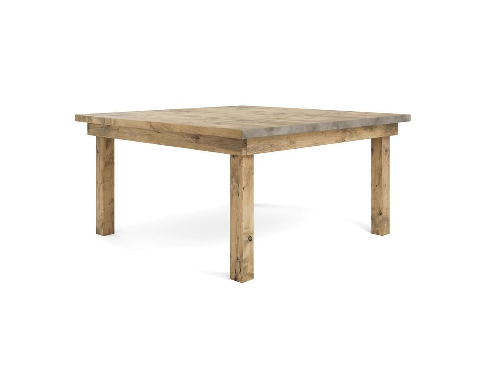 The James+James Farmhouse Square Dining Table in Harvest Wheat features a large, square design with a rustic wooden plank-style top and thick, sturdy legs. Showcasing a natural, unfinished appearance with visible wood grain and knots, it provides a charming farmhouse or country-style aesthetic.