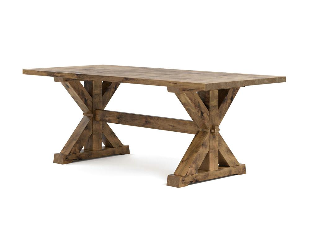 Introducing the Trestle Dining Table - Harvest Wheat by James+James: a sturdy, rustic wooden table featuring a rectangular top and an X-shaped trestle base. Finished in a natural wood tone, this table showcases the beautiful grain and texture of the wood, perfect for any dining space.