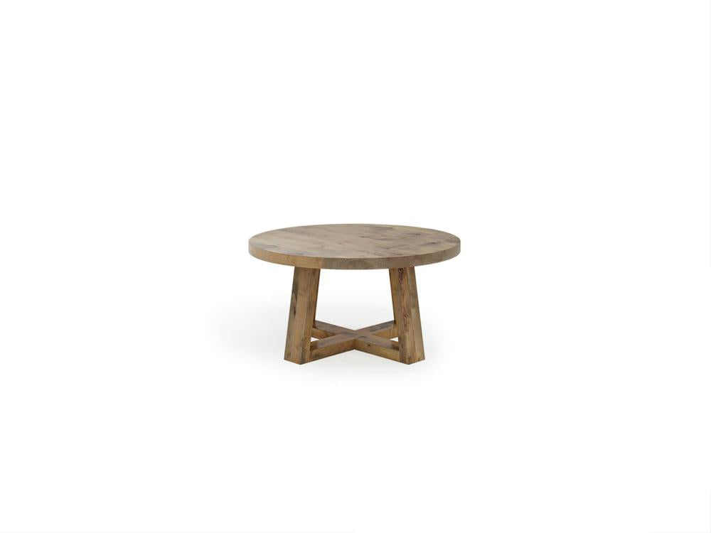 Introducing the Rae Coffee Table - Harvest Wheat by James+James: This round wooden coffee table features a light brown finish, a smooth, flat top, and a sturdy X-shaped base. Offering a perfect blend of rustic charm and modern design, it stands out beautifully against the uncluttered white background.