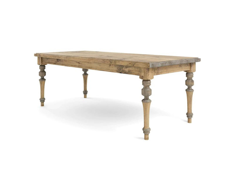 The Allyson Dining Table - Harvest Wheat by James+James is a rectangular wooden dining table with a natural finish. It features a smooth top surface and four carved, tapered legs that give it a rustic yet refined appearance. The table stands on a white background.