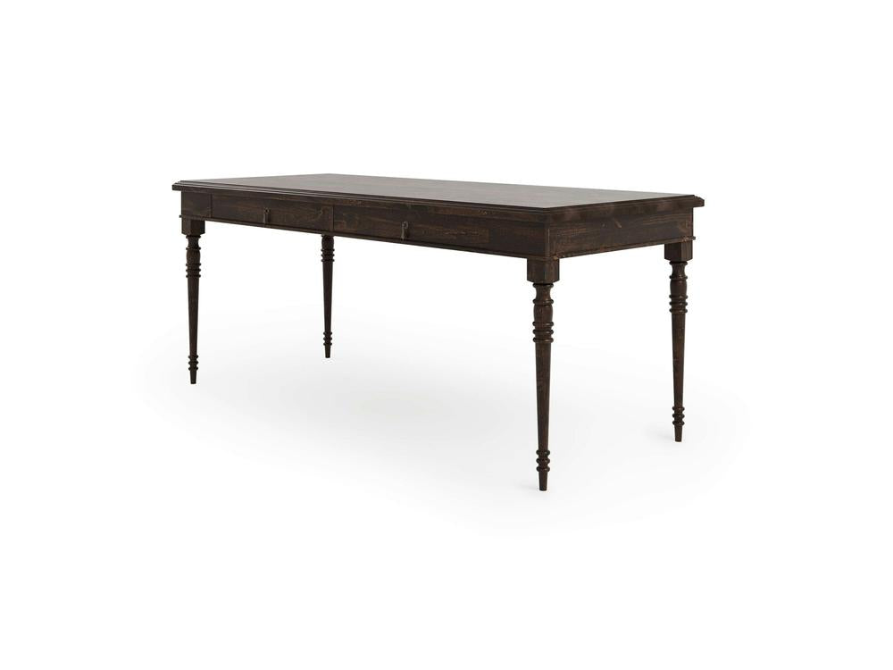 The Audrey Desk - Tobacco by James+James features a dark wooden surface with four intricately carved legs. The rectangular tabletop boasts a smooth finish, blending simplicity with elegance, making it ideal for dining or working. The design is free of visible decorations or items on top.