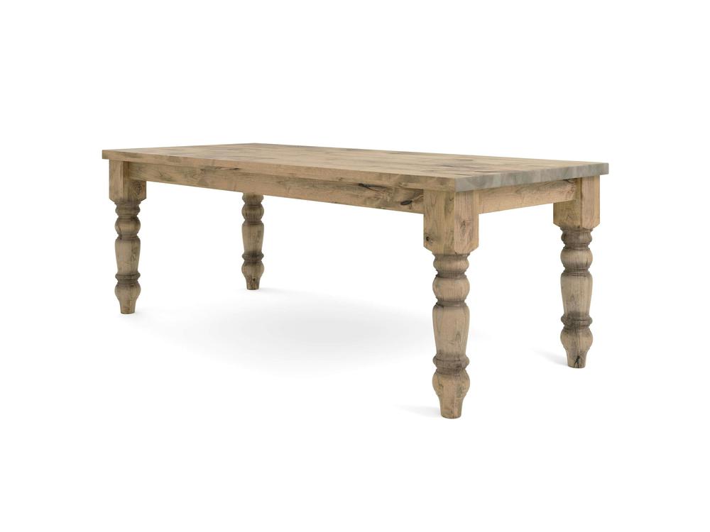The Baluster Dining Table - Harvest Wheat by James+James is a rectangular wooden table with a rustic finish. It features a thick top and stands on four intricately carved legs. The wood displays natural grain patterns and knots, enhancing its rustic charm. With its simple yet elegant design, it is suitable for various settings.