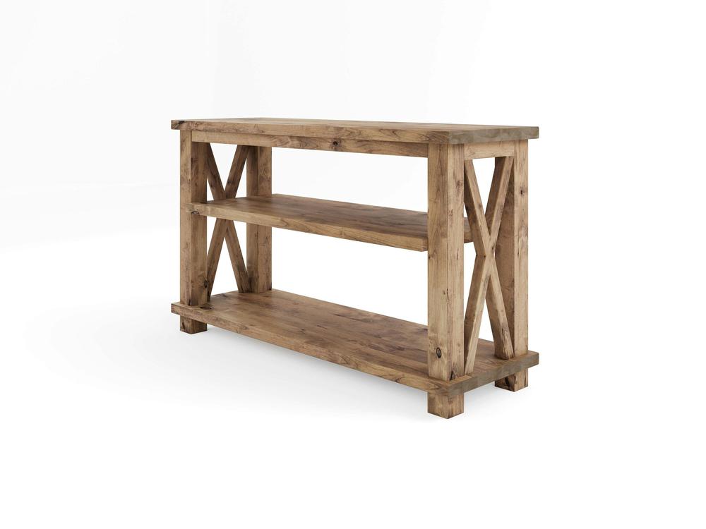Introducing the Carter X Sofa Table by James+James, featuring an elegant open-back design with two spacious shelves. Crafted from wood with a rustic harvest wheat finish, this table boasts X-shaped side supports for added charm and stability. The natural, slightly weathered look of the wood lends a timeless appeal, while the sturdy construction ensures lasting functionality. Displayed against a plain white background, this piece is both stylish and practical.