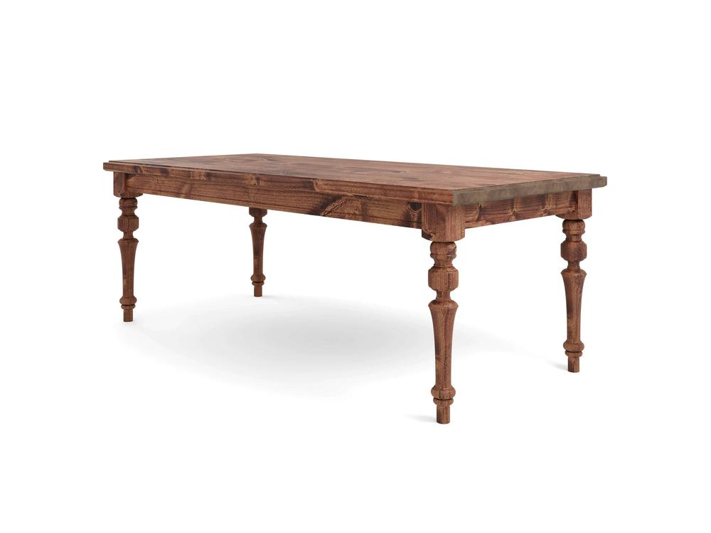 The Allyson Dining Table - Tuscany, crafted by James+James, is a rectangular wooden dining table featuring a textured surface. It stands on four intricately carved legs that impart a rustic and classic charm. The overall design is simple yet elegant, making it ideal for traditional or farmhouse-style interiors.