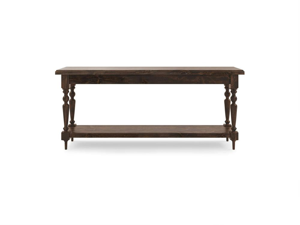 The Ella Sofa Table - Tobacco by James+James is a dark wooden console table featuring ornate, turned legs and a lower shelf. It has a rectangular top and is pictured against a white background.
