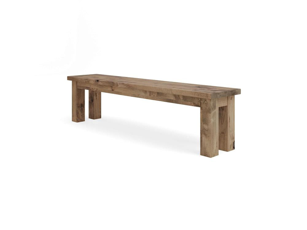 The James+James Farmhouse Bench - Harvest Wheat on Alder features a rectangular seat and four sturdy legs in natural, light-colored wood, shown isolated on a white background.