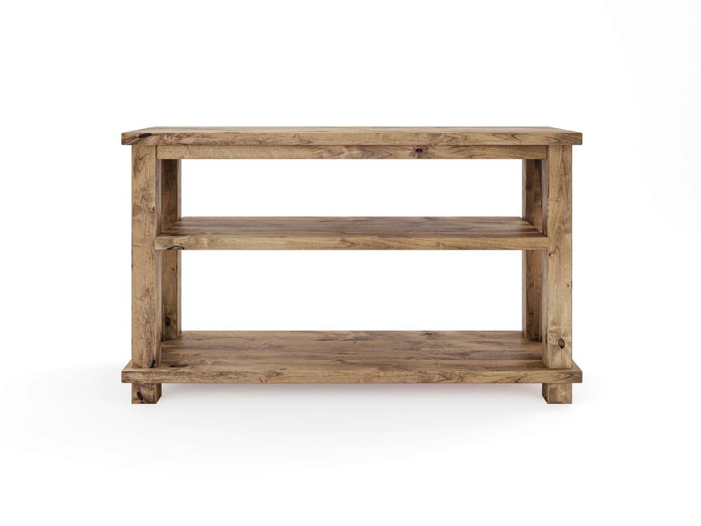 The Carter X Sofa Table - Harvest Wheat by James+James is a wooden, two-tier table made from rustic, weathered wood. It features a rectangular shape with a top surface, middle shelf, and bottom shelf, all supported by sturdy vertical side panels. The table showcases a minimalist and natural design.