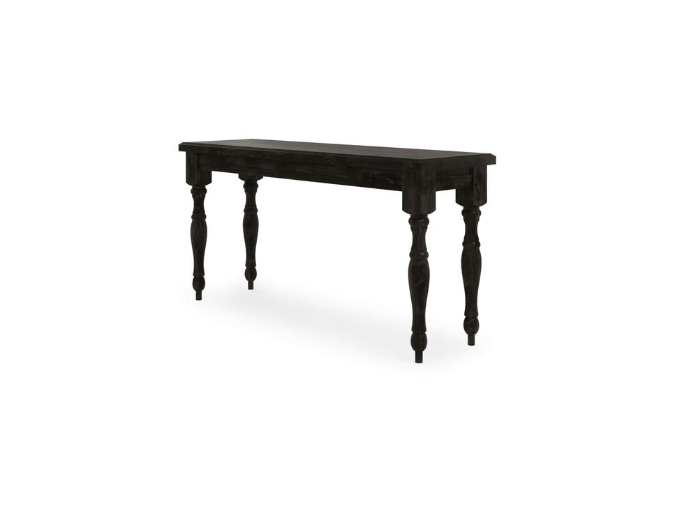 The Abigail Sofa Table - Charred Ember by James+James is a black wooden console table featuring ornately turned legs. It boasts a minimalist rectangular top and a classic design, perfect for an entryway or living room setting. The legs are adorned with decorative carved patterns, adding an elegant touch to the piece.