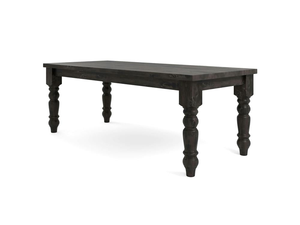 The Baluster Dining Table - Charred Ember by James+James is a dark wooden rectangular dining table featuring a smooth top and ornately turned legs. Its classic design and polished finish are highlighted against a white background.