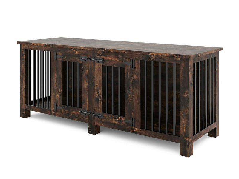 The James+James Double Dog Kennel in a Tobacco finish is crafted from wood and designed to resemble a piece of furniture. This kennel features vertical bars, dual front doors with metal hinges and latches, and a flat top surface, making it functional as an additional utility piece like a side table or console.