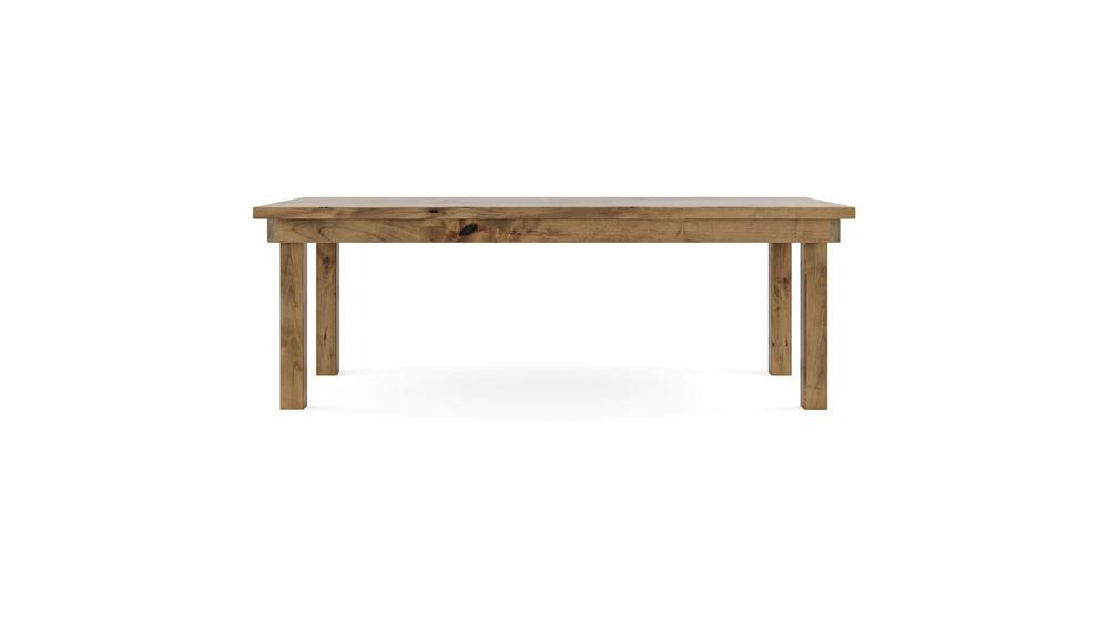 The Farmhouse Dining Table - Harvest Wheat by James+James features a rectangular wooden design with a natural finish and clean, minimal aesthetics. This table stands on four straight legs and offers a smooth surface, making it ideal for dining or work. The white background accentuates the table's elegant simplicity.