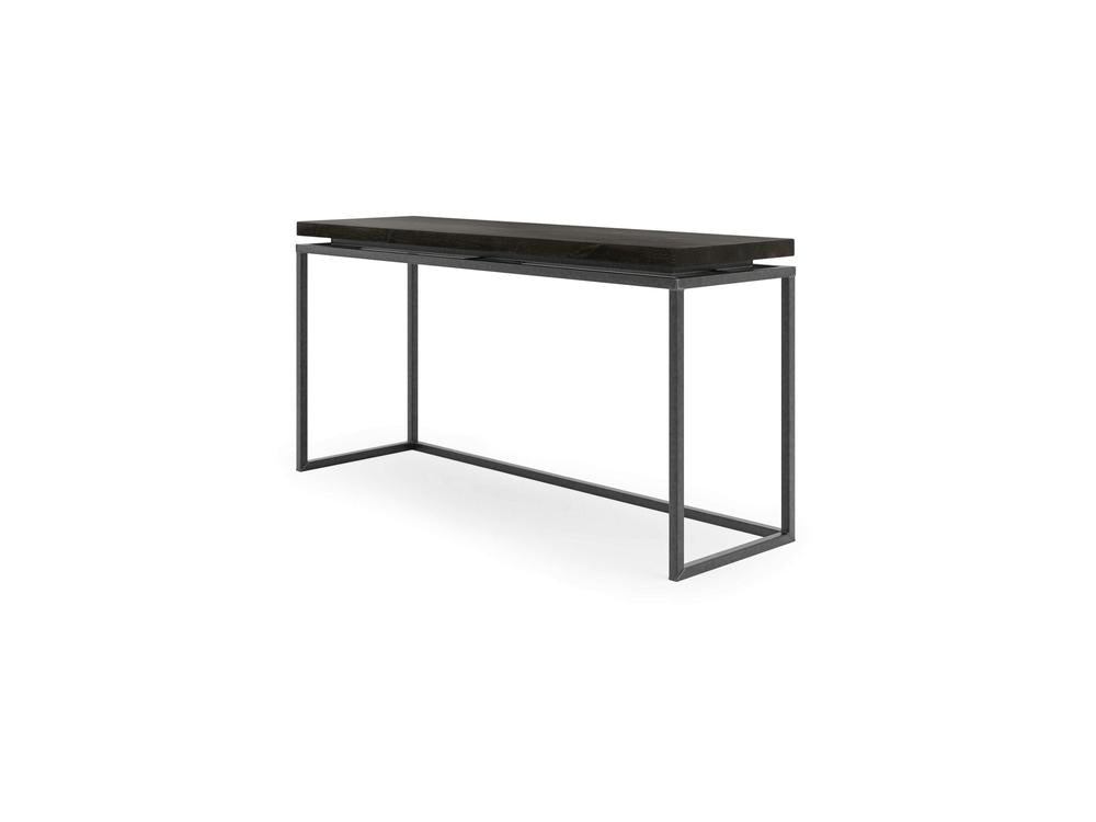 The Floating Top Sofa Table - Charred Ember by James+James features a sleek, modern design with a dark rectangular top and an open, minimalist metal frame in black. Its simple and contemporary style provides a clean and stylish addition to any room.