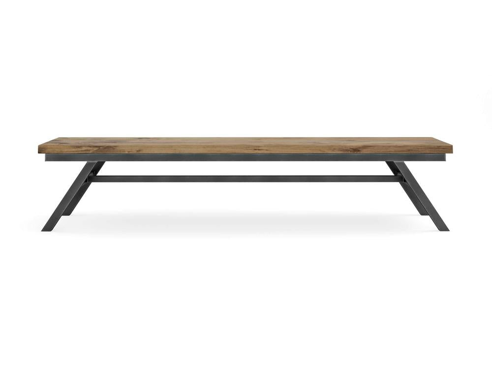 The James+James Fulton Bench features a Harvest Wheat-finished alder wood top and black metal legs angled outward, displayed against a plain white background.
