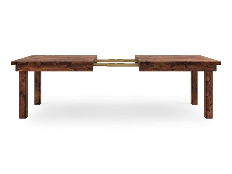 The Farmhouse Expandable Dining Table - Tuscany by James+James is a wooden dining table with a rich dark brown finish. The table is shown with its two main sections separated, revealing the extension mechanism in the middle. It features a simple, rectangular design with straight, sturdy legs, all set against a plain white background.