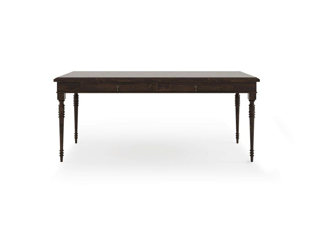 A front view of the Audrey Desk in a rich Tobacco finish by James+James. This rectangular wooden desk features four intricately carved legs designed in a traditional style. The simple yet elegant appearance suggests a classic design suitable for dining or office use.