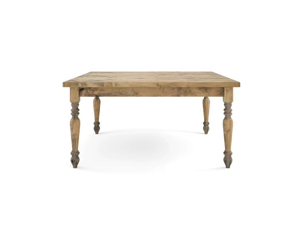 The James+James French Country Square Dining Table in Harvest Wheat features a rustic wooden square top and four elegantly carved, turned legs. The wood boasts a natural finish that beautifully showcases its grain and texture. This table's design is simple yet vintage-inspired, perfect for adding charm to any dining area.