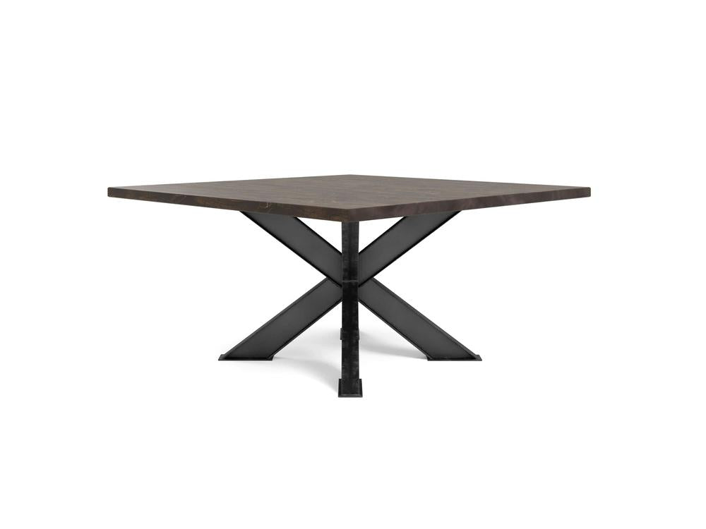 The Shiloh Square Dining Table - Tobacco by James+James features a dark brown finish and a modern black metal X-shaped base. Its clean lines and minimalist design suggest a contemporary style, making it suitable for various interiors, such as dining rooms or offices.