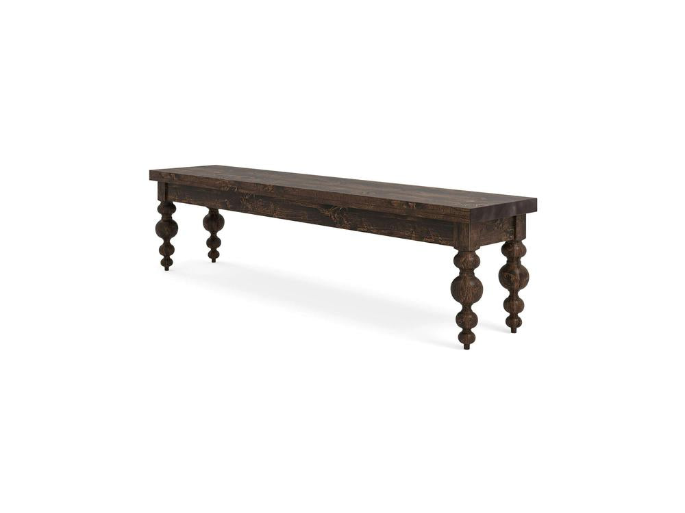 The Olivia Bench - Tobacco on Alder by James+James features a dark wood rectangular seat and four intricately turned legs, displayed against a white background.