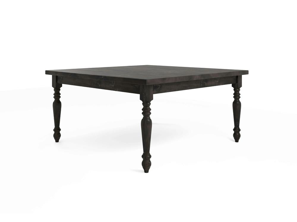 The James+James French Country Square Dining Table - Charred Ember boasts a simple yet elegant design. It features a smooth top and four intricately carved, turned legs, making it suitable for both traditional and contemporary interiors.