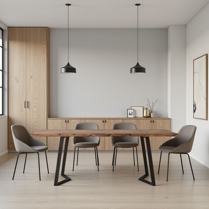 A bright, modern meeting room features the James+James Arkwright Dining Table in Tuscany, four gray chairs, light wood cabinets, minimalist pendant lights, and abstract wall art on a light gray wall for an uncluttered look.