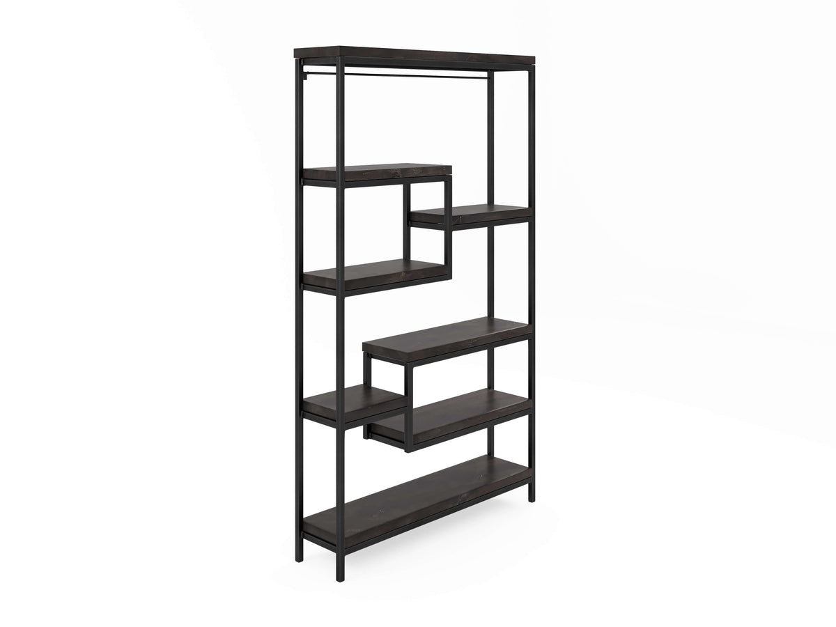 Black metal etagere bookshelf with a geometric, staggered design. It features multiple open shelves of varying heights and widths, arranged asymmetrically, providing space for books and decorative items.