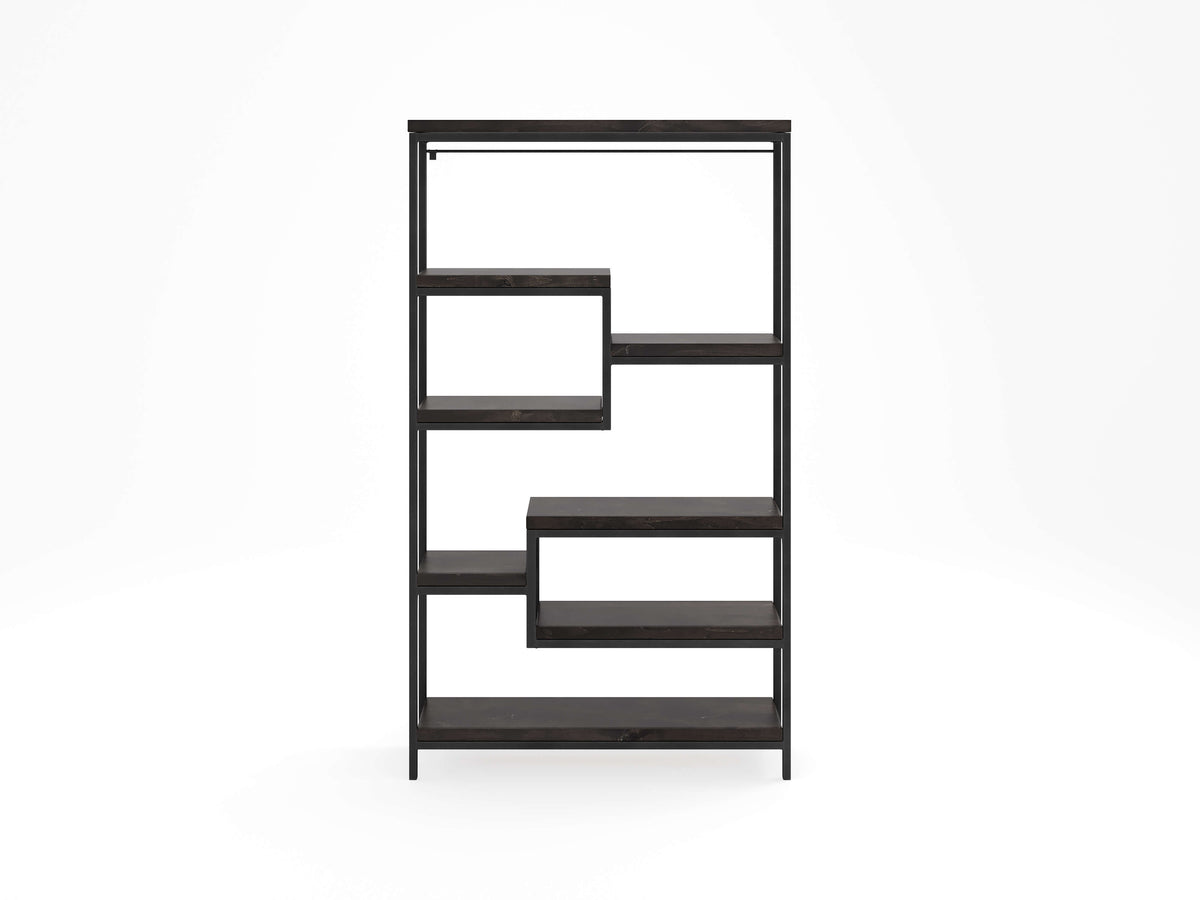 A modern, black metal shelving unit with an asymmetrical design featuring staggered shelves of varying sizes, set against a plain white background.