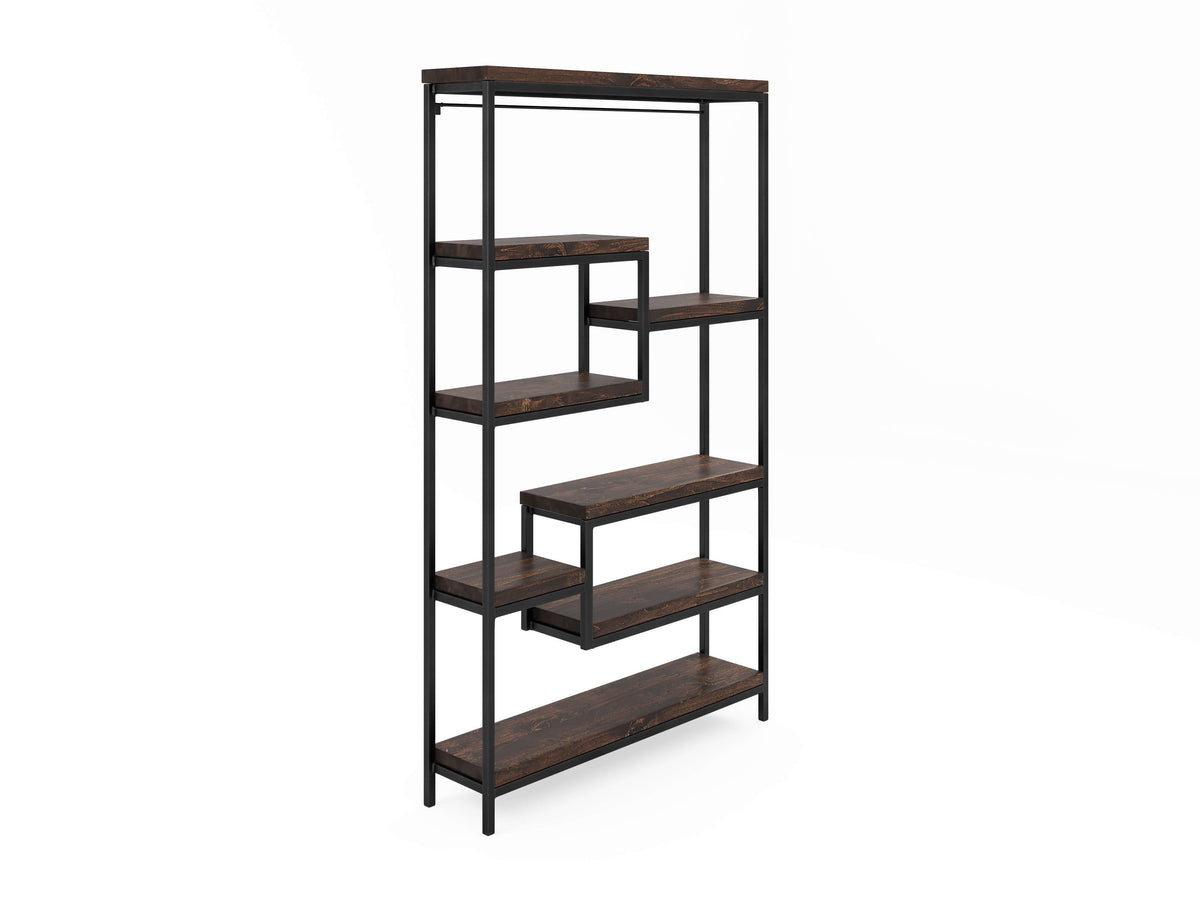 A tall, industrial-style bookshelf with a black metal frame and five dark wooden shelves arranged in an alternating, staggered layout.