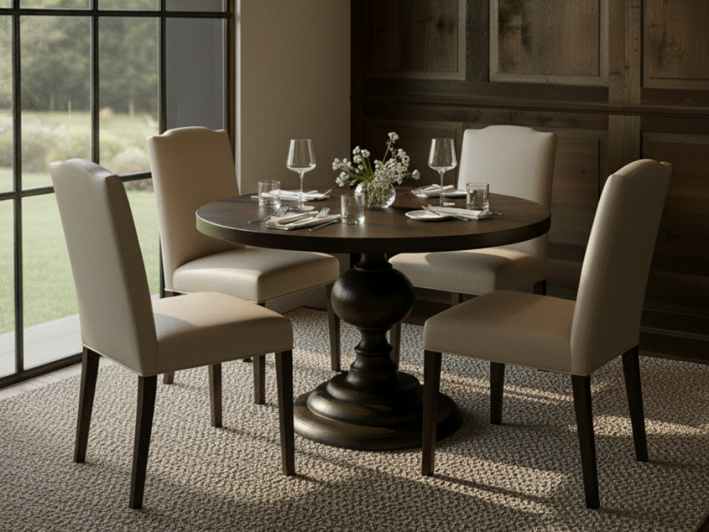 A round wooden dining table with four James+James chairs upholstered in Beige - Leather Swatch, set with dinnerware and a floral vase. Wood paneling and a large window overlooking greenery complete the relaxed interior.