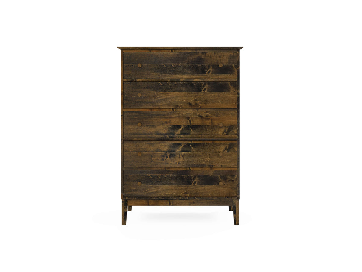 A tall, wooden dresser with a dark stain finish featuring five drawers, each with two circular knobs. The dresser has a sleek design and stands on four tapered legs.