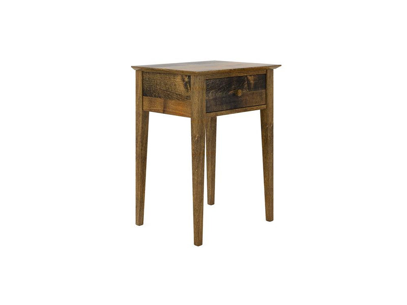 The Bennett 1 Drawer Nightstand by James & James features solid maple wood with a rustic finish, long slender legs, and a single drawer with a round knob, creating a simple yet minimalist design that complements traditional aesthetics.