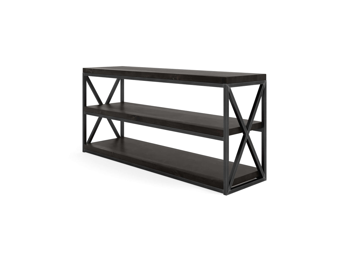 A black, industrial-style console table with a minimalist design. It features a metal frame with an X-brace on the sides and three rectangular shelves. The table has a sleek, modern appearance.