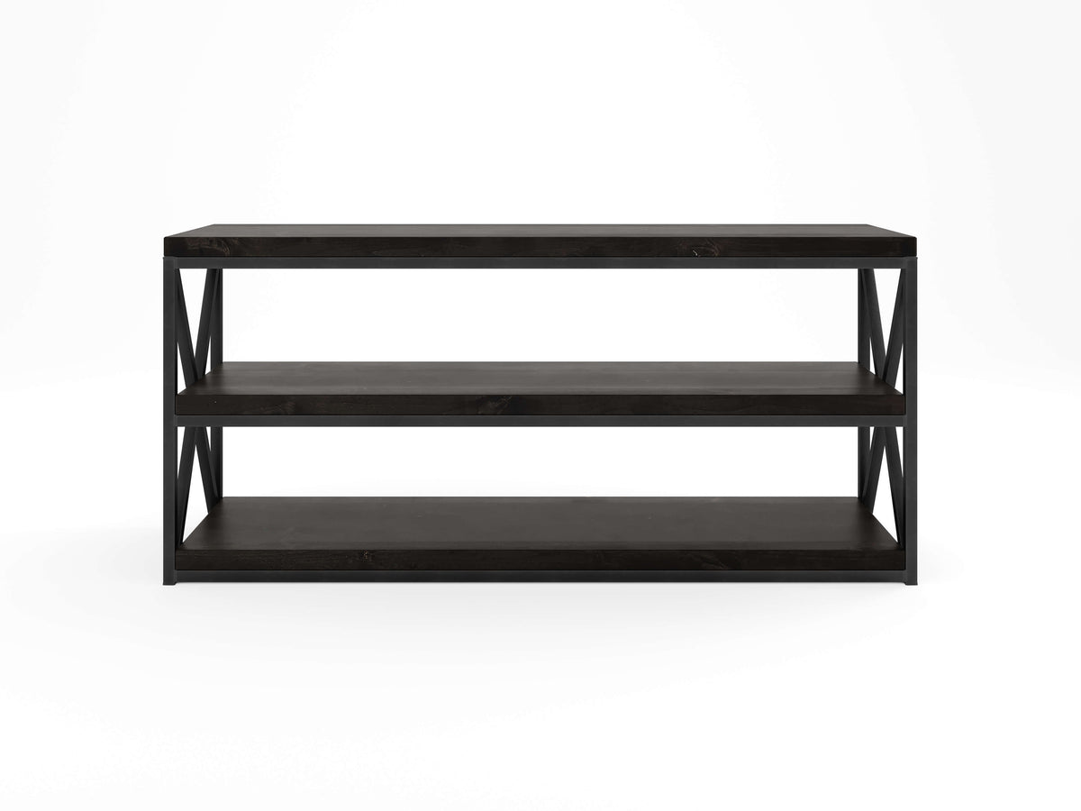 A three-tier black metal shelving unit with a simple, modern design on a plain white background. The shelves are evenly spaced, and the frame has X-shaped supports on the sides.