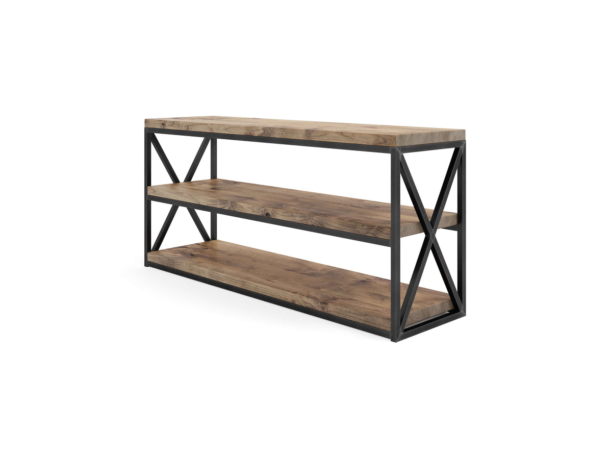 A three-tier wooden shelf with a natural finish and black metal frame. The structure includes X-shaped supports on the sides, giving it a modern industrial look. The shelf has a rectangular design with open storage space.