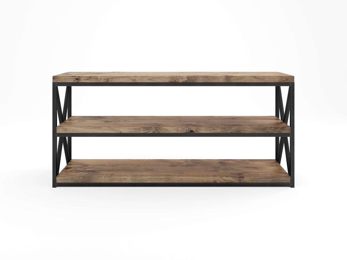 A wooden three-tiered shelf with a black metal frame and X-shaped side supports, set against a plain white background. The shelves have a rustic, natural wood finish.