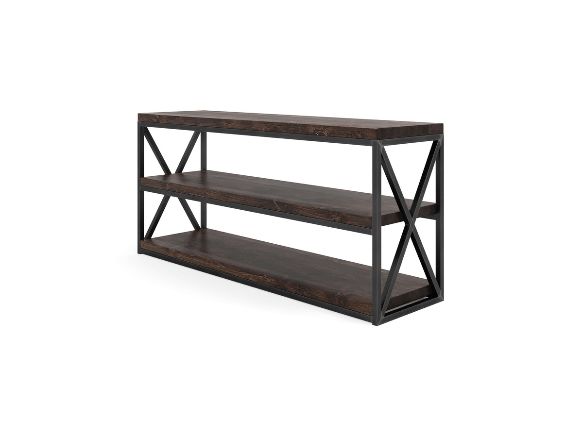 A three-tier wooden shelf unit with dark brown planks and black metal frame featuring X-shaped side supports. It has an industrial design and an open-back structure.