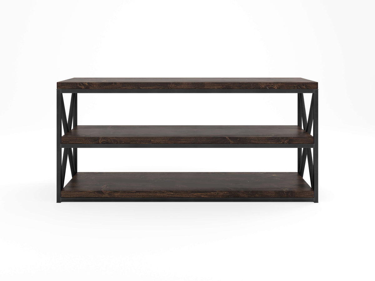 A three-tiered wooden shelf with dark brown planks and black metal frame, featuring an X-shaped design on the sides, placed against a plain white background.