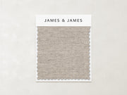 A rectangular swatch of light beige, breathable linen labeled "James+James" and named "Natural - Linen Swatch" is displayed on a card against a plain, neutral background.
