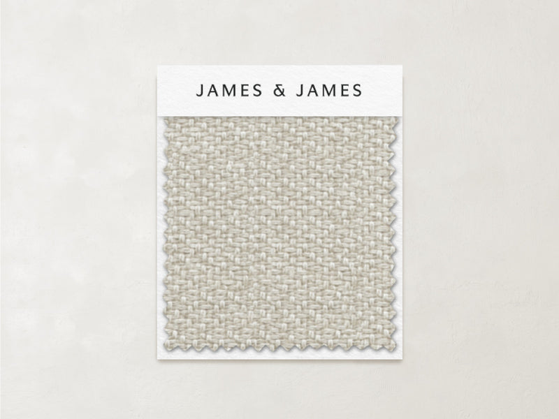 The Oatmeal - Textured Linen Swatch by James+James features a light beige, performance woven linen texture on a white card labeled "James+James," set against a neutral background—ideal for classic interiors.