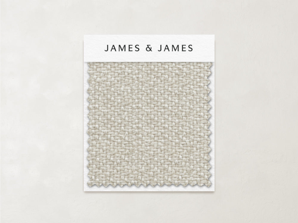 The Oatmeal - Textured Linen Swatch by James+James features a light beige, performance woven linen texture on a white card labeled "James+James," set against a neutral background—ideal for classic interiors.
