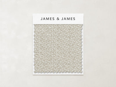 The Oatmeal - Textured Linen Swatch by James+James features a light beige, performance woven linen texture on a white card labeled "James+James," set against a neutral background—ideal for classic interiors.
