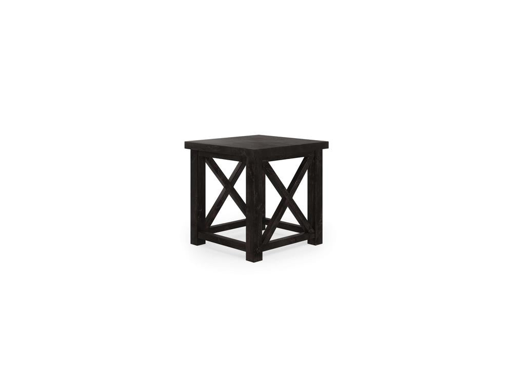 The Carter X Side Table - Charred Ember by James+James is a dark wooden side table featuring a square top and X-shaped cross braces on all four sides. Its simple, rustic design is showcased against a plain, white background.