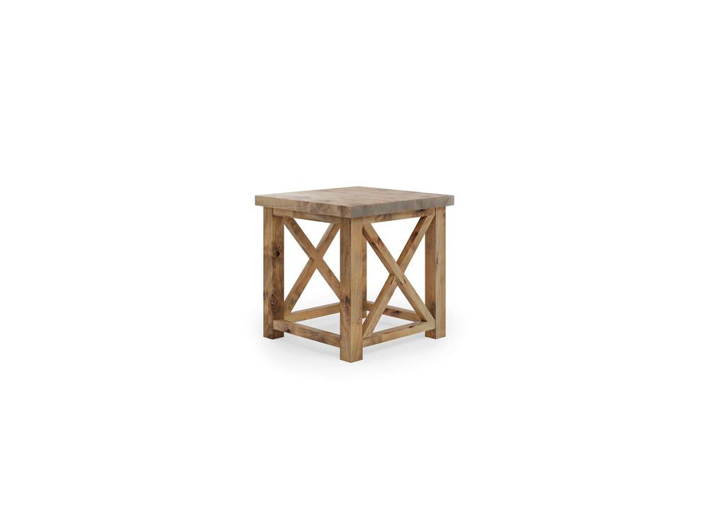 Introducing the Carter X Side Table - Harvest Wheat by James+James, a small wooden table with a square top and a light brown finish. This table features a rustic, farmhouse design with X-shaped supports on the sides and an open structure underneath, perfect for adding charm to any space.