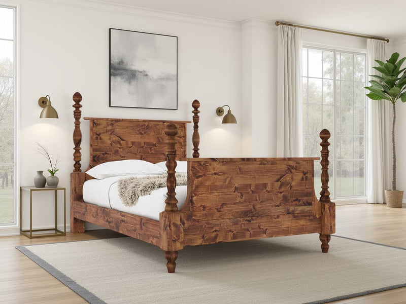 The Catherine Bed - Tuscany by James+James features white bedding and sits on a light rug in a bright bedroom with large windows, white walls, a plant, wall lamps, and framed abstract art above the bed.