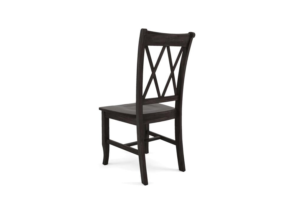 The Double X-Back Dining Chair - Charred Ember by James+James is a dark wooden dining chair with a tall, rectangular backrest featuring crisscross designs. This chair embodies a simple, classic style with slightly curved legs and a flat seat. The image depicts the chair against a plain white background.
