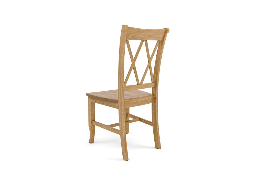 The Double X-Back Dining Chair - Harvest Wheat by James+James is a wooden chair with a simple, natural finish. The backrest features an elegant double X-shaped design. The legs of the chair are slightly curved, supported by a horizontal bar connecting them. The chair is shown at an angle to highlight both its side and back views.
