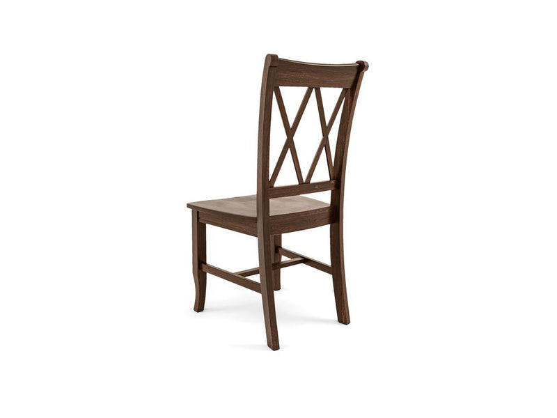 The Double X-Back Dining Chair - Tobacco by James+James is displayed from a rear angle. The backrest showcases an elegant double X-pattern design, while the chair possesses a straightforward construction with slightly curved legs and a flat, smooth seat in a rich dark finish.