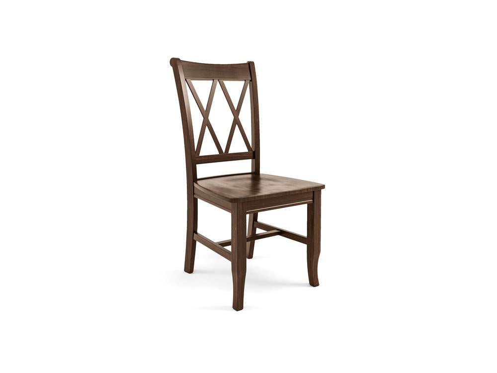 A James+James Double X-Back Dining Chair - Tobacco, crafted from wood, features a simple seat and a decorative backrest with two intersecting X-shaped patterns. The chair has four tapered legs and a classic design, all set against a plain white background.