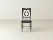 The James+James Double X-Back Dining Chair in dark wood features a classic slatted back, elegantly displayed on a light floor with a plain, light wall backdrop.
